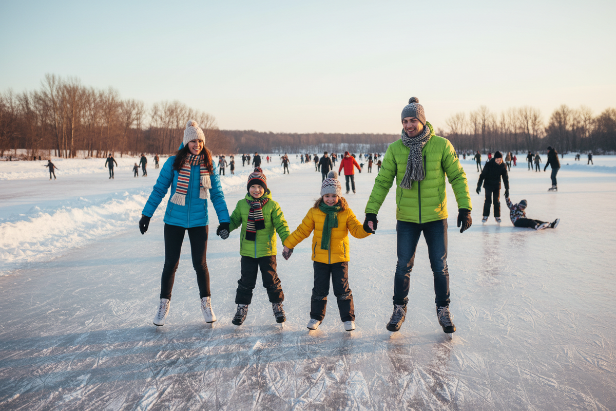 a family at a frozen lake skating with others in the background