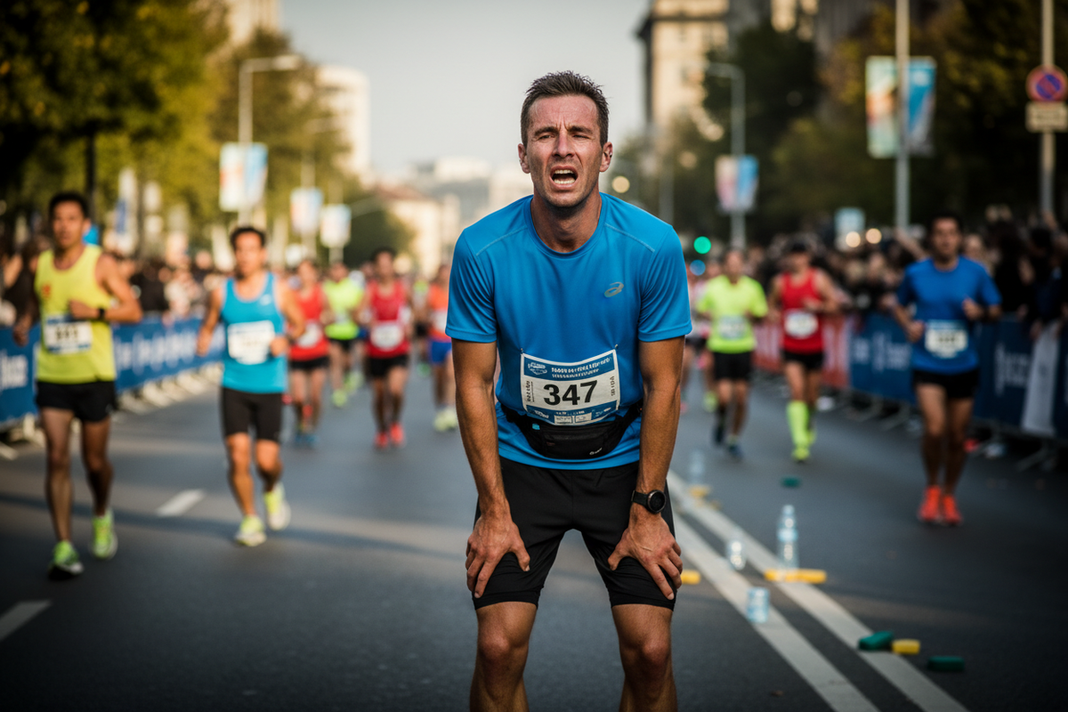A marathon runner exhausted during a marathon include others runners in the background