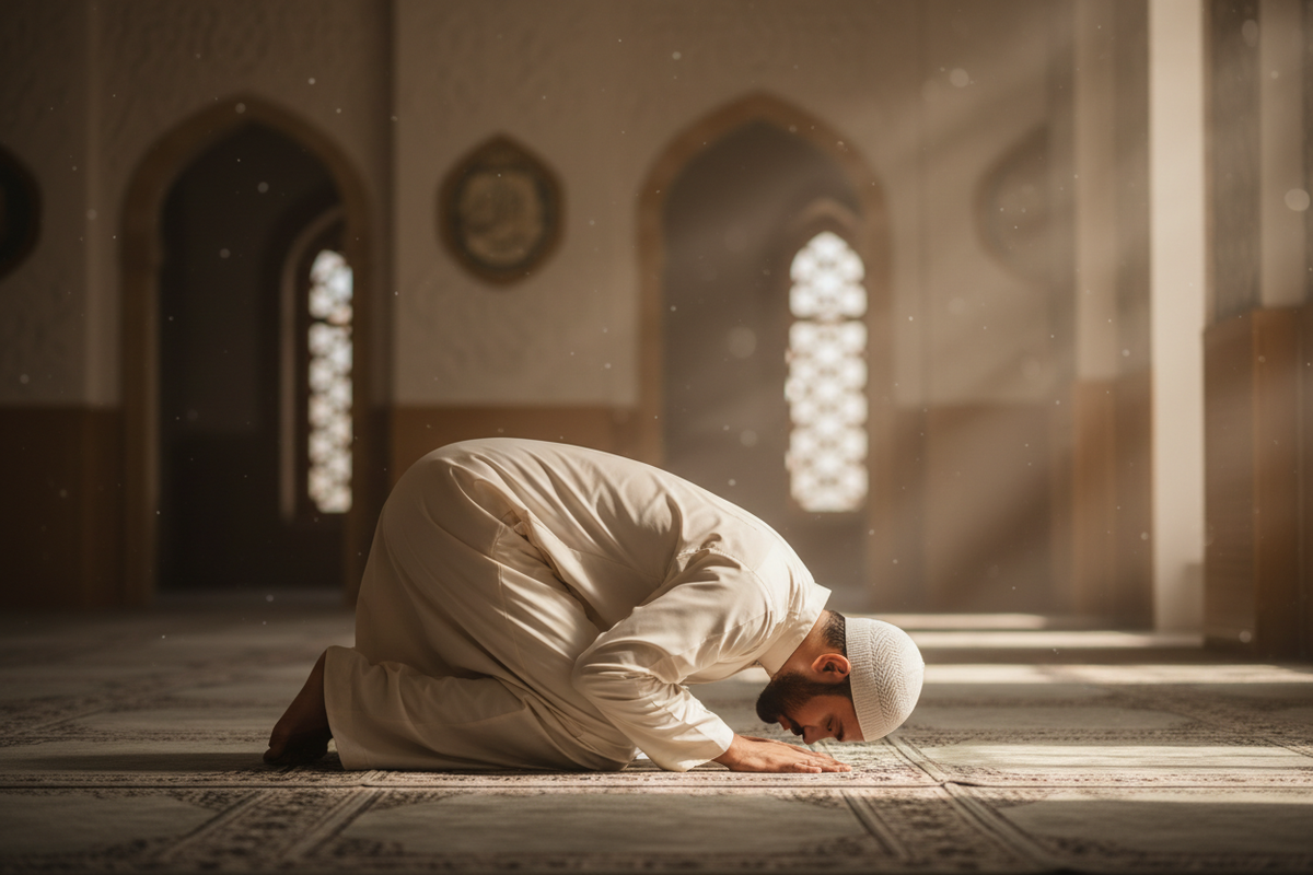 A muslim man praying, head about to touch the ground in prostration. He's wearing a cream thobe and a cream hat. The masjid is peaceful and bathed in a warm beige light. Image size 5000px x 5000px
