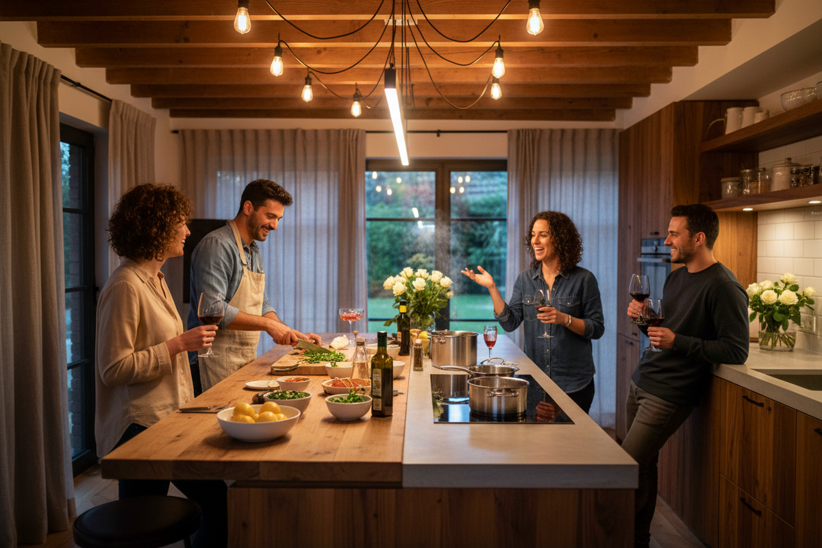 Dinner party with one person cooking and others standing around and talking on a central island 